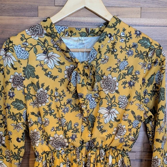 Long Sleeve Floral Midi Dress - Mustard Yellow - Picture 2 of 8